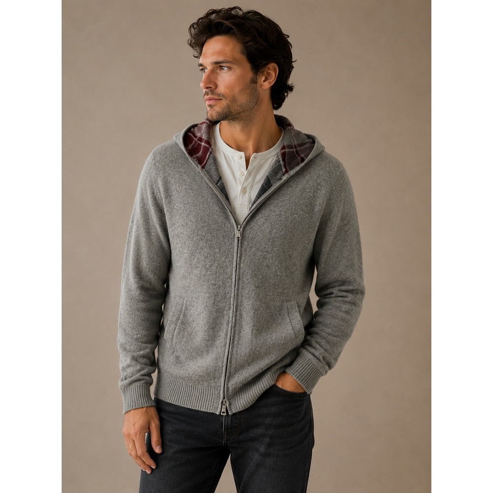Banana Republic Men Hoodie Large Grey Merino Wool Italian Yarn Plaid Lined Hood